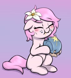 Size: 1401x1536 | Tagged: safe, artist:heretichesh, oc, oc only, oc:kayla, earth pony, pony, snail, blushing, butter, eating, escargot, eyes closed, female, filly, flower, flower in hair, food, meat, ponies eating bugs, ponies eating meat, purple background, simple background, sitting, solo