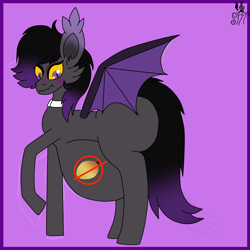 Size: 2000x2000 | Tagged: safe, artist:shylista's art, oc, oc:blackmour, bat pony, bat pony oc, belly, big belly, blushing, collar, dyed mane, dyed tail, embarrassed, food, high res, huge belly, impossibly large belly, large belly, male, mango, stallion, stuffed belly, trap