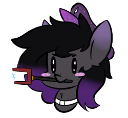 Size: 1792x1656 | Tagged: safe, artist:mimicryfluffoarts, part of a set, oc, oc only, oc:blackmour, bat pony, bat pony oc, blushing, cattle prod, collar, dyed mane, face of mercy, hat, male, mimicry's silly doodles, stallion, trap