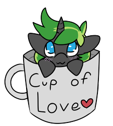 Size: 2136x2376 | Tagged: safe, artist:mimicryfluffoarts, part of a set, oc, oc:azure slash, pony, unicorn, blushing, chibi, cup, cup of pony, cute, heart, high res, male, micro, mimicry's silly doodles, mug, mug of pony, puppy dog eyes, solo, stallion