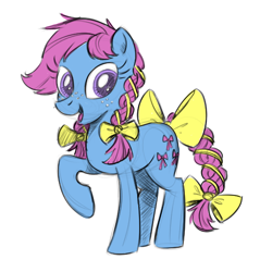 Size: 504x528 | Tagged: safe, artist:mellodillo, bow tie (g1), earth pony, pony, g1, g4, bow, braid, braided tail, female, g1 to g4, generation leap, mare, open mouth, simple background, solo, tail bow, white background