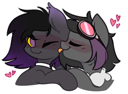 Size: 3500x2584 | Tagged: safe, artist:sb66, oc, oc only, oc:mimicry, bat pony, bat pony oc, blushing, collar, cute, dyed mane, female, fluffy, goggles, heart, high res, licking, male, mare, shiftling, shipping, stallion, tongue out, trap
