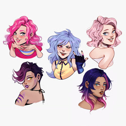 Size: 1280x1280 | Tagged: safe, artist:kraytt-05, oc, oc only, oc:bubble gum, oc:clarity, oc:maze, oc:mixers headphones, unnamed oc, human, bare shoulders, bust, female, hair over one eye, humanized, humanized oc, looking at you, magical lesbian spawn, moderate dark skin, offspring, one eye closed, parent:neon lights, parent:pinkie pie, parent:pokey pierce, parent:princess celestia, parent:tempest shadow, parent:twilight sparkle, parent:vinyl scratch, parents:pokeypie, parents:tempestlight, parents:twilestia, parents:vinylights, simple background, smiling, tongue out, white background, wink, winking at you