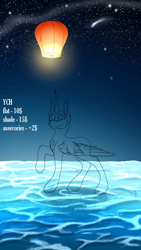 Size: 1152x2048 | Tagged: safe, artist:ginnythequeen, oc, alicorn, earth pony, pegasus, pony, unicorn, commission, lampion, night, night sky, sky, solo, stand on water, stars, water, your character here