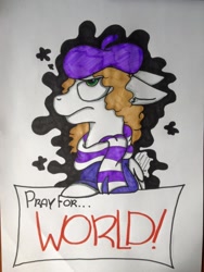 Size: 720x960 | Tagged: safe, artist:milledpurple, oc, oc only, pegasus, pony, beret, clothes, female, frown, hat, mare, pegasus oc, scarf, sign, solo, traditional art, wings
