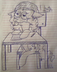 Size: 764x959 | Tagged: safe, artist:milledpurple, oc, oc only, earth pony, pony, :p, beanie, earth pony oc, floppy ears, grumpy, hat, lineart, lined paper, signature, sitting, solo, talking, tongue out, traditional art