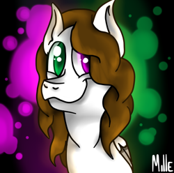Size: 510x506 | Tagged: safe, artist:milledpurple, oc, oc only, pegasus, pony, abstract background, bust, female, heterochromia, mare, pegasus oc, signature, smiling, solo, two toned wings, wings