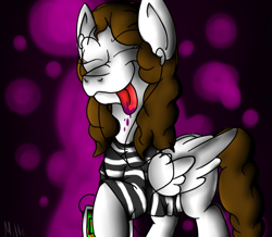 Size: 656x572 | Tagged: safe, artist:milledpurple, oc, oc only, pegasus, pony, abstract background, eabuds, eyes closed, female, licking, licking lips, mare, pegasus oc, solo, tongue out