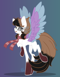 Size: 1835x2358 | Tagged: safe, artist:donnie-moon, oc, oc only, pegasus, pony, abstract background, clothes, coat markings, female, mare, pegasus oc, scarf, signature, socks (coat markings), sombra eyes, swirly eyes, two toned wings, wings