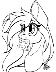 Size: 2309x2995 | Tagged: safe, artist:donnie-moon, oc, oc only, earth pony, pony, bust, earth pony oc, eye clipping through hair, female, high res, lineart, mare, monochrome, mouth hold, signature, simple background, solo, white background
