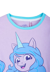 Size: 762x1100 | Tagged: safe, izzy moonbow, pony, unicorn, g5, official, 2d, clothes, female, mare, merchandise, my little pony logo, pajamas, simple background, solo, white background