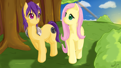 Size: 1920x1080 | Tagged: safe, artist:alliszero, fluttershy, oc, earth pony, pegasus, pony, g4, headphones, outdoors, tree, walking