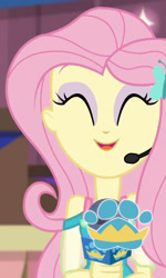 Size: 1123x1867 | Tagged: safe, screencap, fluttershy, best in show: the victory lap, equestria girls, g4, my little pony equestria girls: better together, ^^, clothes, cropped, cute, cutie mark on clothes, earpiece, eyes closed, eyeshadow, fluttershy boho dress, geode of fauna, giggling, grin, hairpin, happy, jewelry, magical geodes, makeup, microphone, necklace, pet show logo, pink eyeshadow, pink hair, shyabetes, sleeveless, smiling, solo, yellow skin