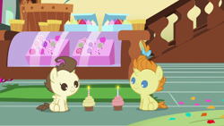 Size: 1280x720 | Tagged: safe, screencap, pound cake, pumpkin cake, pegasus, pony, unicorn, g4, it isn't the mane thing about you, season 7, baby, baby pony, cake twins, colt, cupcake, female, filly, foal, food, male, siblings, smiling, sugarcube corner, twins
