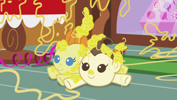 Size: 1280x720 | Tagged: safe, screencap, pound cake, pumpkin cake, pegasus, pony, unicorn, g4, it isn't the mane thing about you, season 7, baby, baby pony, cake twins, colt, female, filly, foal, male, siblings, smiling, sugarcube corner, twins