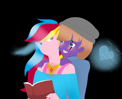 Size: 772x624 | Tagged: safe, artist:aonairfaol, oc, oc only, equestria girls, g4, base used, beanie, black background, book, grin, hat, heart, jewelry, necklace, oc x oc, shipping, simple background, smiling
