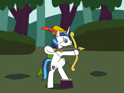 Size: 1280x960 | Tagged: safe, artist:platinumdrop, shining armor, pony, g4, arrow, bipedal, bow, brooch, cape, clothes, hat, jewelry, request, robin hood, solo