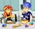 Size: 512x427 | Tagged: safe, artist:sarawalt15, flash sentry, sunset shimmer, equestria girls, g4, apron, baking, bowl, clothes, cupcake, dough, egg beater, female, flour, food, kitchen, male, rolling pin, ship:flashimmer, shipping, straight