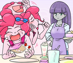 Size: 740x640 | Tagged: safe, artist:batipin, maud pie, pinkie pie, equestria girls, g4, apron, blushing, breasts, busty maud pie, busty pinkie pie, cake, cherry, clothes, duo, eating, female, food, milkshake, nose in the air, open mouth, pie sisters, ponk, shake, siblings, sisters, volumetric mouth
