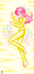 Size: 1773x3793 | Tagged: safe, alternate version, artist:mauroz, fluttershy, human, g4, anime, barefoot, bed, blushing, clothes, eyes closed, feet, female, high res, humanized, lying down, on side, pajamas, sleeping, solo