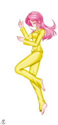Size: 1773x3793 | Tagged: safe, alternate version, artist:mauroz, fluttershy, human, g4, anime, bed, clothes, eyes closed, humanized, pajamas, simple background, sleeping, solo, transparent background