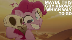 Size: 1280x720 | Tagged: safe, edit, edited screencap, editor:quoterific, screencap, pinkie pie, earth pony, pony, g4, my little pony: the movie, bone, caption, female, grin, mare, skeleton, smiling, solo, sweat, text
