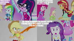 Size: 1280x720 | Tagged: safe, edit, edited screencap, editor:quoterific, screencap, applejack, fluttershy, pinkie pie, rainbow dash, rarity, sci-twi, sunset shimmer, twilight sparkle, equestria girls, equestria girls specials, g4, my little pony equestria girls: mirror magic, applejack's hat, belt, clothes, cowboy hat, cutie mark, cutie mark on clothes, denim skirt, female, geode of empathy, geode of fauna, geode of shielding, geode of sugar bombs, geode of super speed, geode of super strength, geode of telekinesis, glasses, glowing geodes, hairpin, hat, humane five, humane seven, humane six, jewelry, limbo, magic drain, magical geodes, marshmelodrama, mirror world, necklace, not good, offscreen character, oh no, open mouth, panic, panicking, ponytail, rarity being rarity, skirt, uh oh