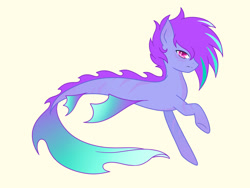 Size: 1280x960 | Tagged: safe, artist:ocean-drop, oc, oc only, merpony, seapony (g4), dorsal fin, female, fish tail, flowing tail, pink eyes, purple mane, simple background, solo, tail, yellow background