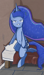 Size: 1147x1960 | Tagged: safe, alternate version, artist:solid shrimp, princess luna, alicorn, pony, g4, bed, blushing, colored, colored lineart, sitting, solo, wingless