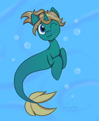 Size: 1108x1350 | Tagged: safe, artist:imaplatypus, oc, oc only, pony, seapony (g4), unicorn, blue background, blue eyes, brown mane, bubble, female, fish tail, flowing mane, flowing tail, horn, ocean, one eye closed, seaponified, signature, simple background, smiling, solo, species swap, tail, underwater, water, wink