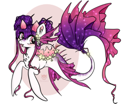 Size: 1024x854 | Tagged: safe, artist:niniibear, edit, oc, oc only, hybrid, merpony, seapony (g4), dorsal fin, female, fins, fish tail, flowing tail, jewelry, logo, logo edit, necklace, northling, open mouth, pearl necklace, purple mane, simple background, smiling, solo, stars, tail, transparent background, wingding eyes