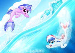 Size: 400x283 | Tagged: safe, artist:stewart501st, sea swirl, seafoam, oc, oc:britannia (uk ponycon), earth pony, pony, seapony (g4), unicorn, uk ponycon, g4, blue eyes, bubble, cloud, dorsal fin, female, fish tail, flowing tail, horn, looking at each other, ocean, open mouth, open smile, purple eyes, seaponified, sky, smiling, species swap, swimming, tail, underwater, water, wave