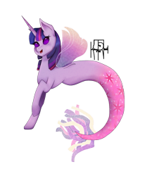 Size: 907x1083 | Tagged: safe, artist:kimmytheredhead, twilight sparkle, alicorn, hybrid, merpony, pony, g4, female, fin wings, fish tail, flowing tail, horn, looking at you, mermaid tail, no pupils, open mouth, purple eyes, seaponified, seapony twilight, signature, simple background, smiling, solo, species swap, tail, transparent background, twilight sparkle (alicorn), wings