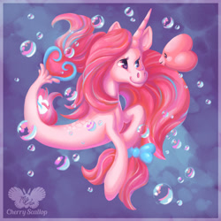 Size: 1280x1280 | Tagged: safe, artist:cherryscallop, oc, oc only, luvdisc, pony, seapony (g4), unicorn, blue background, bubble, dorsal fin, female, fish tail, flowing mane, flowing tail, horn, logo, ocean, pink mane, pokémon, seaponified, simple background, smiling, solo, species swap, swimming, tail, underwater, water