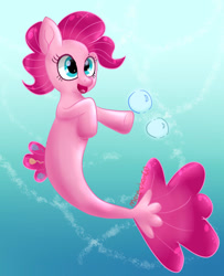 Size: 850x1048 | Tagged: safe, artist:mere-chan00, pinkie pie, earth pony, pony, seapony (g4), g4, blue eyes, bubble, crepuscular rays, dorsal fin, female, fish tail, flowing tail, ocean, open mouth, open smile, pink mane, seaponified, seapony pinkie pie, signature, smiling, solo, species swap, sunlight, swimming, tail, underwater, water