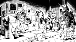Size: 4256x2364 | Tagged: safe, artist:lexx2dot0, oc, oc only, oc:blackjack, oc:boo, oc:lacunae, oc:morning glory (project horizons), oc:p-21, oc:rampage, oc:scotch tape, alicorn, earth pony, pegasus, pony, unicorn, fallout equestria, fallout equestria: project horizons, series:ph together we reread, alicorn oc, bandage, black and white, clothes, crying, earth pony oc, fanfic art, grayscale, group, hat, high res, horn, injured, jumpsuit, monochrome, pegasus oc, small horn, unicorn oc, vault security armor, vault suit, wings