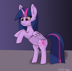 Size: 2063x2045 | Tagged: safe, artist:ionlydrawtwi, derpibooru exclusive, twilight sparkle, oc, oc:ruby sparkle, alicorn, pony, vampire, vampony, fanfic:second princess of the night, g4, alternate cutie mark, alternate eye color, bipedal, fanfic art, fangs, female, gradient background, high res, mare, rearing, red eyes, simple background, solo, twilight sparkle (alicorn)