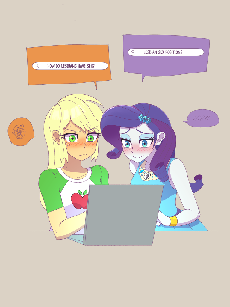 2686287 - suggestive, artist:haibaratomoe, applejack, rarity, equestria  girls, g4, my little pony equestria girls: better together, applejack is  not amused, blushing, computer, duo, female, freckles, implied sex, laptop  computer, lesbian, rarity peplum