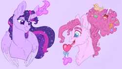 Size: 1792x1008 | Tagged: safe, artist:skior, pinkie pie, twilight sparkle, alicorn, earth pony, pony, g4, the last problem, bust, candy, curved horn, female, food, glowing horn, heart, horn, lesbian, lollipop, magic, mare, older, older pinkie pie, older twilight, older twilight sparkle (alicorn), princess twilight 2.0, ship:twinkie, shipping, solo, twilight sparkle (alicorn)