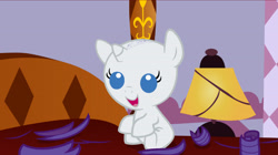 Size: 3427x1920 | Tagged: safe, artist:beavernator, edit, rarity, pony, unicorn, g4, babity, baby, baby pony, bald, bed, carousel boutique, cropped, cute, female, filly, filly rarity, lamp, open mouth, raribetes, smiling, solo, younger