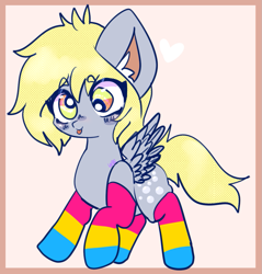 Size: 987x1034 | Tagged: safe, artist:nyansockz, artist:ube, derpy hooves, pegasus, pony, g4, :p, chibi, clothes, derp, headcanon, pansexual, pansexual pride flag, pride, pride flag, pride socks, sexuality headcanon, small, socks, striped socks, tongue out