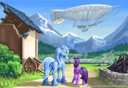 Size: 1748x1200 | Tagged: safe, artist:kirillk, trixie, oc, oc:little star, pony, unicorn, fanfic:twilight's nightmare, g4, airship, butt, female, filly, foal, hooves, horn, mare, mountain, mountain range, not twilight sparkle, parent:nightmare moon, parent:twilight sparkle, plot, rear view, scenery, size difference, the great and powerful ass, unshorn fetlocks