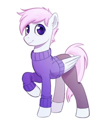 Size: 1271x1517 | Tagged: safe, artist:draw3, oc, oc only, pegasus, pony, clothes, looking at you, pants, raised hoof, simple background, smiling, solo, sweater, white background