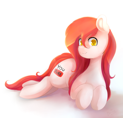Size: 1600x1534 | Tagged: safe, artist:blacky-moon, oc, oc:youtube, earth pony, pony, looking at you, lying down, simple background, smiling, white background