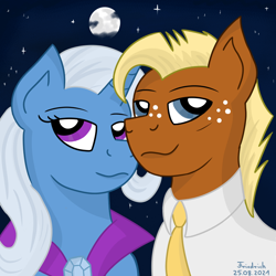 Size: 800x800 | Tagged: safe, artist:friedrich911, trixie, oc, oc:hideaway, pony, unicorn, g4, canon x oc, clothes, duo, female, male, mare, moon, necktie, night, not ragamuffin, ponysona, shirt, sky, stallion, stars