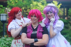 Size: 2048x1366 | Tagged: safe, artist:maddymoiselle, artist:sarahndipity cosplay, artist:shelbeanie, apple bloom, scootaloo, sweetie belle, human, g4, clothes, cosplay, costume, crossed arms, cutie mark crusaders, everfree northwest, everfree northwest 2019, irl, irl human, photo