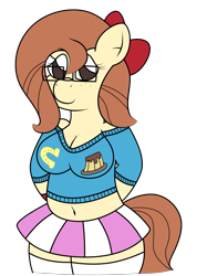 Size: 1740x2328 | Tagged: safe, artist:sparkfler85, derpibooru exclusive, oc, oc only, oc:flani bainilye, earth pony, anthro, belly button, big breasts, boob freckles, bow, breasts, chest freckles, clothes, cute, cutie mark, cutie mark on clothes, female, freckles, glasses, mare, simple background, skirt, socks, solo, stockings, sweater, thigh highs, transparent background