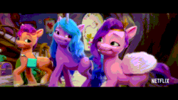 Size: 1920x1080 | Tagged: safe, derpibooru exclusive, edit, edited screencap, screencap, izzy moonbow, pipp petals, sunny starscout, earth pony, pegasus, pony, unicorn, g5, my little pony: a new generation, spoiler:my little pony: a new generation, 3d, absurd file size, absurd gif size, adorapipp, animated, cute, dancing, female, gif, izzybetes, mare, netflix logo, reversed, sunnybetes, trio, trio female