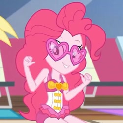Size: 749x749 | Tagged: safe, edit, edited screencap, screencap, derpy hooves, pinkie pie, equestria girls, g4, i'm on a yacht, my little pony equestria girls: better together, clothes, female, glasses, heart shaped glasses, offscreen character, one-piece swimsuit, pinkie pie swimsuit, ship, sleeveless, solo focus, sunglasses, swimsuit