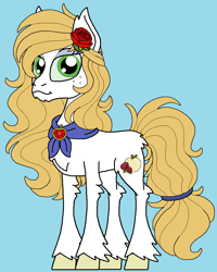 Size: 916x1144 | Tagged: safe, artist:rosefang16, oc, oc only, oc:snow white apple, earth pony, pony, blue background, broach, clothes, female, flower, flower in hair, freckles, magical gay spawn, mare, offspring, parent:big macintosh, parent:prince blueblood, parents:bluemac, rose, shawl, simple background, solo, unshorn fetlocks